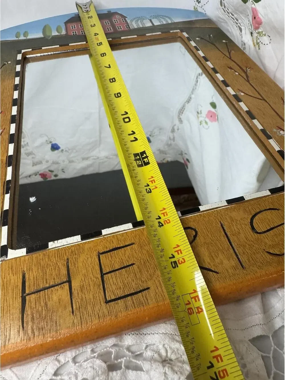 Hand Painted Folk Art Cottage Core Wooden Wall Mirror with 'Cherish' Design